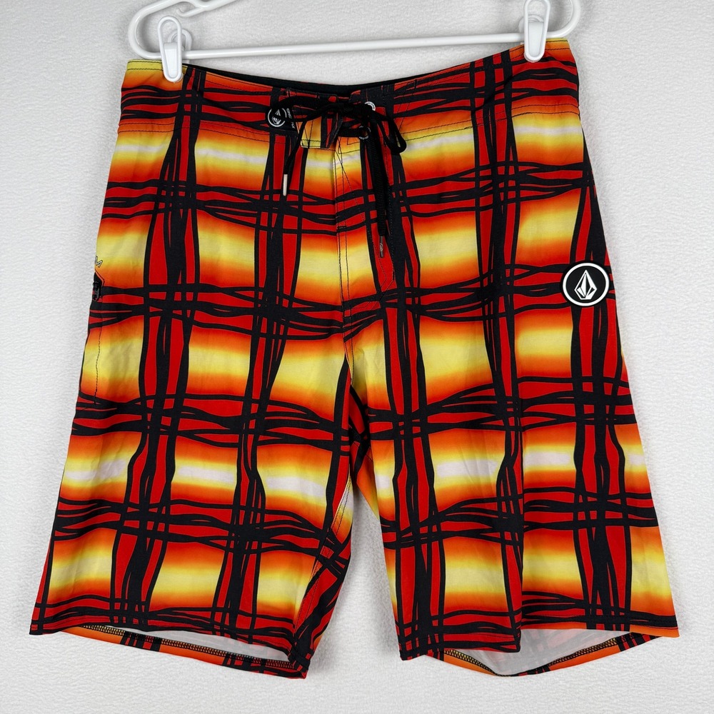 Volcom Board Shorts Mens 34 Red Yellow Wavey Plaid 4-Way Stretch Swim Trunks